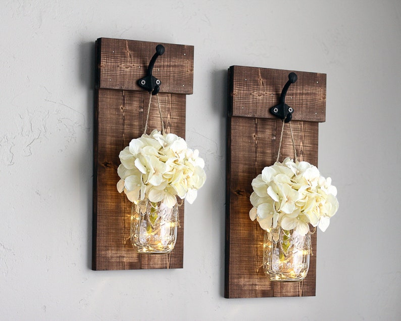 Rustic mason jar wall sconce set with flowers. Wooden wall plaque with hooks & greenery. Shutter wall decor image 1