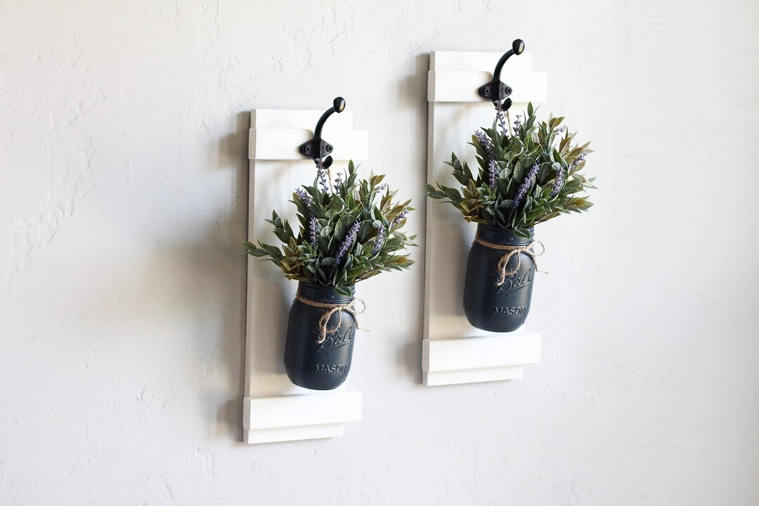Farmhouse Mason Jar Wall Sconce Decor Set of 2 Lanterns With Greenery