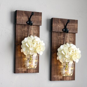 Rustic mason jar wall sconce set with flowers. Wooden wall plaque with hooks & greenery. Shutter wall decor