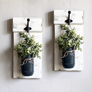 Rustic mason jar wall sconce set with flowers. Wooden wall plaque with hooks & greenery. Shutter wall decor image 2