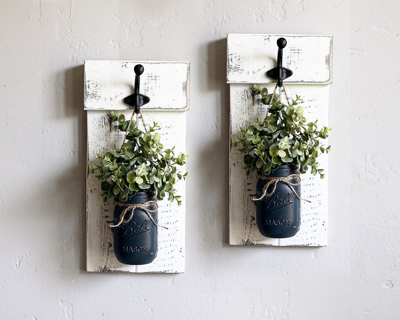 Rustic mason jar wall sconce set with flowers. Wooden wall plaque with hooks & greenery. Shutter wall decor image 2