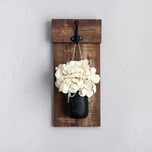 Rustic mason jar wall sconce set with flowers. Wooden wall plaque with hooks & greenery. Shutter wall decor image 5