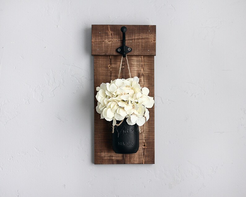 Rustic mason jar wall sconce set with flowers. Wooden wall plaque with hooks & greenery. Shutter wall decor image 5