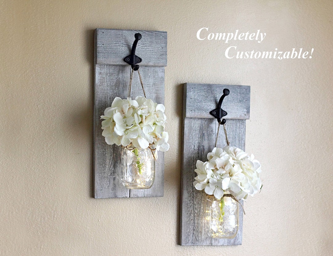 Rustic Mason Jar Wall Sconce Set With Hydrangeas. Wooden Wall Plaque
