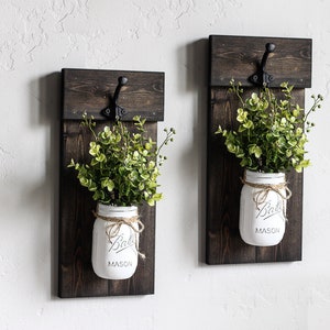 Rustic mason jar wall sconce set with flowers. Wooden wall plaque with hooks & greenery. Shutter wall decor image 3