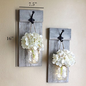 Rustic mason jar wall sconce set with flowers. Wooden wall plaque with hooks & greenery. Shutter wall decor image 6