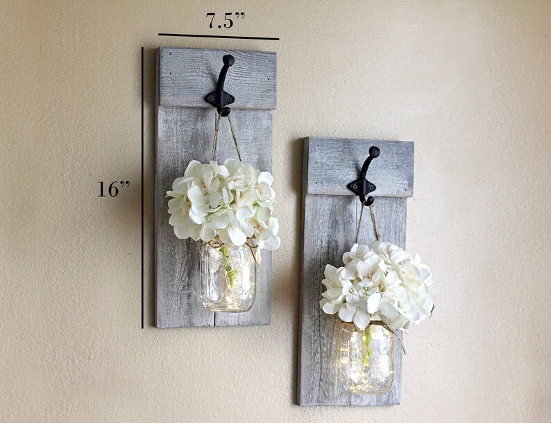 Rustic mason jar wall sconce set with flowers. Wooden wall plaque with hooks & greenery. Shutter wall decor image 6