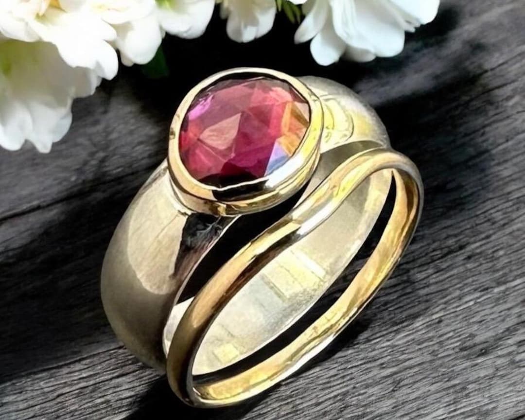 Handcrafted Rhodolite Garnet Ring Set: 9ct Gold & Sterling Silver ...