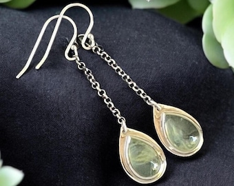 Prehnite Earrings, Sterling Silver Dangle with Teardrop Stones