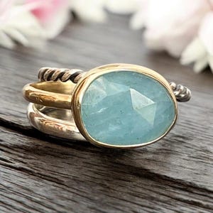 Aquamarine Ring 9ct Gold & Sterling Silver Stacker Rings, Delicate Birthstone Jewelry, Minimalist Gemstone Band, Anniversary Gift