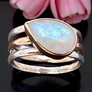 Rainbow Moonstone Ring in 9k Gold and Sterling Silver Stacking Set