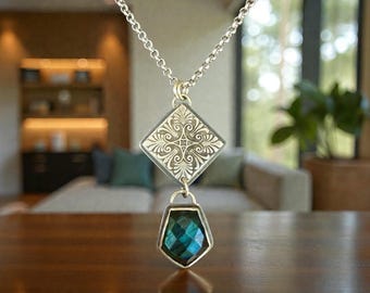 Labradorite Medallion Necklace in Sterling Silver with Victorian Design