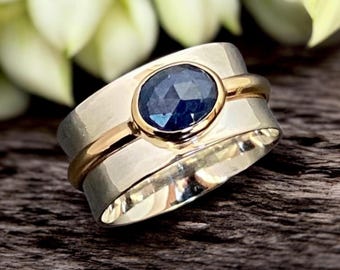 Blue Sapphire Ring in 9ct Gold and Sterling Silver, Modern Statement Piece