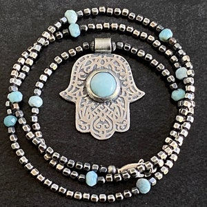 Larimar Hamsa Necklace; Larimar Pendant; Hamsa; Hamsa Hand; Hamsa Hand Necklace; Gift for Her; Handmade Jewelry; Hand of Fatima