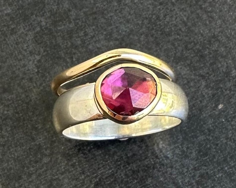 Handcrafted Rhodolite Garnet Ring Set: 9ct Gold & Sterling Silver ...