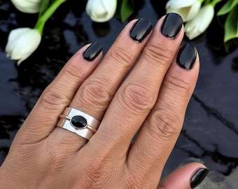 Black Spinel Ring, Handcrafted Sterling Silver & 9ct Gold Mixed Metal Ring