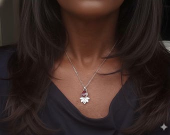Rhodolite Garnet Pendant Necklace, Handcrafted Sterling Silver Lotus Flower with Gold Bead