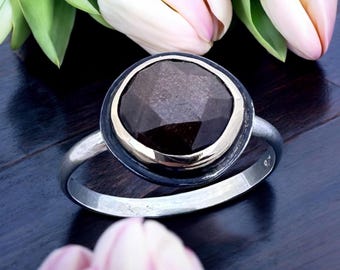 9k Gold, Sterling Silver & Brown Sapphire Ring