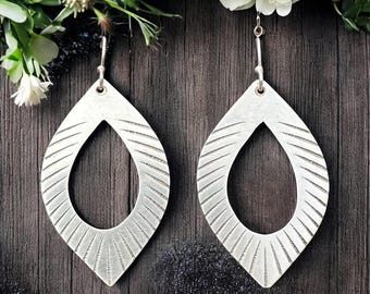 Etched Sterling Silver Leaf Dangle Earrings with Teardrop Design