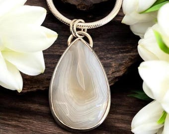 Botswana Agate Teardrop Necklace, Sterling Silver Pendant with Chain