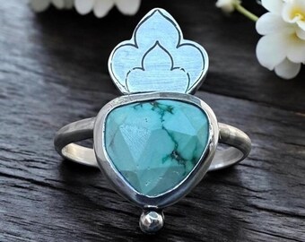 Tibetan Turquoise Sterling Silver Statement Ring with Design