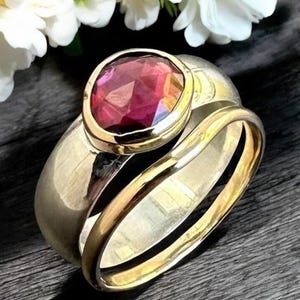 Stacking Ring Set with Rhodolite Garnet, 9ct Gold & Sterling Silver Bands