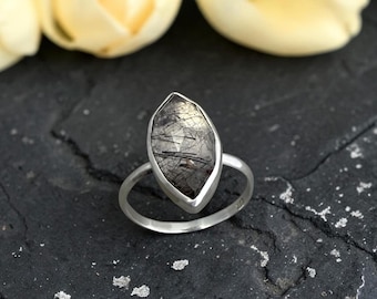 Black Rutile Ring in Sterling Silver, Bold Statement Jewelry for Women
