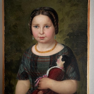 oil painting, portrait of a young girl with the doll , signed