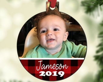 Custom Picture Christmas Ornament Buffalo Plaid with Name and Year