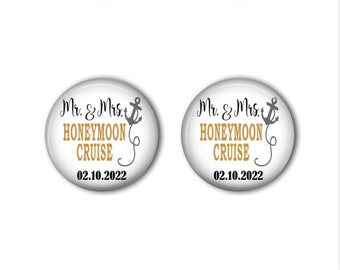 Honeymoon Cruise Just Married Newlywed Pins Mr and Mrs Buttons Set of 2