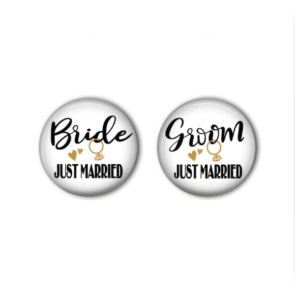 Bride and Groom Just Married Button Pin Set of TWO