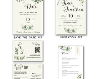 Wedding Template Set Invitation Save the Date Menu RSVP 5x7 Printable Green Floral QR Code Instant Download