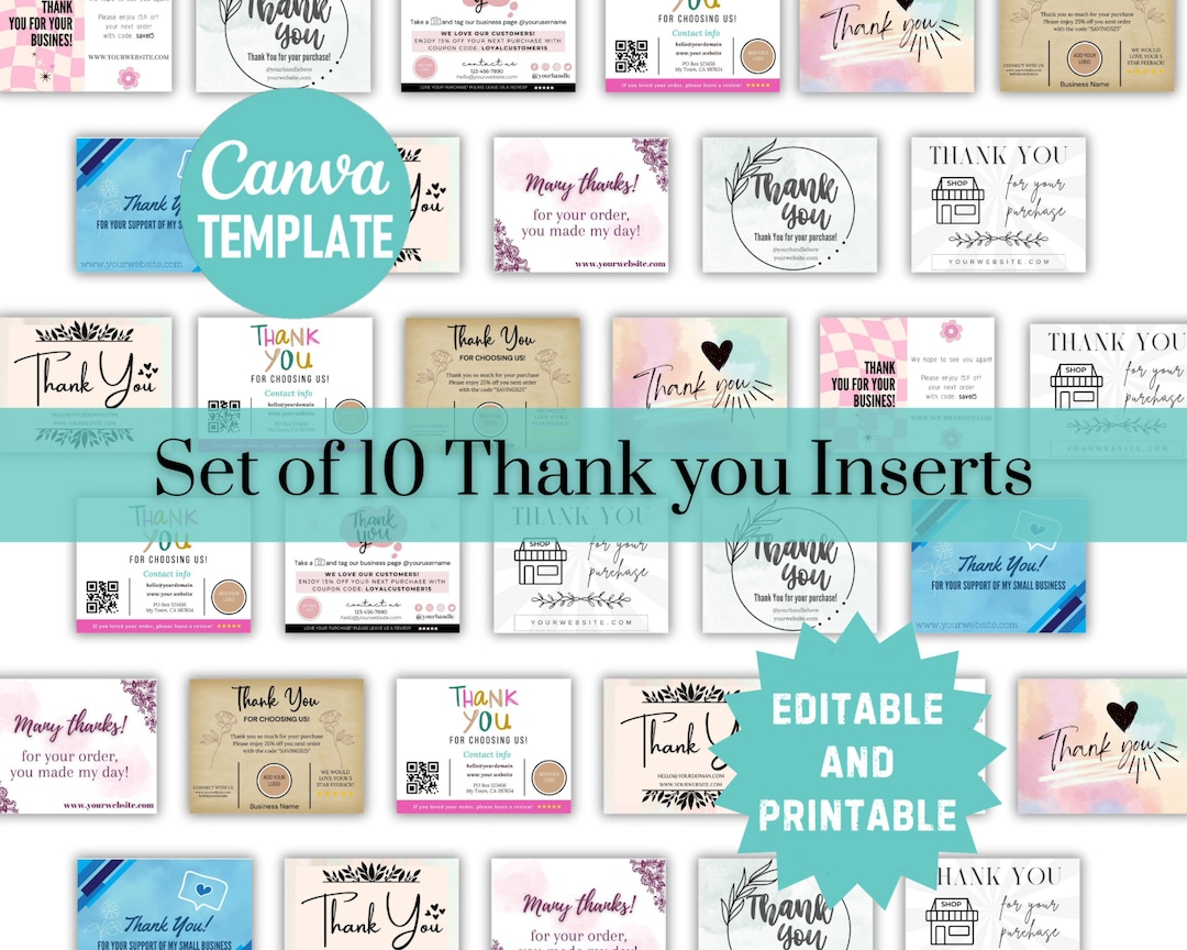 Editable and Printable Thank You Card Inserts Set of 10 Small Business