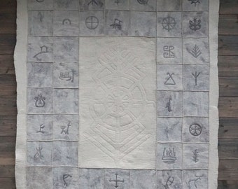 Tree of life with sun wheel, pictographic wall carpet, carpet with symbols and runes, Wall Décor, Home Décor, Wall Hangings