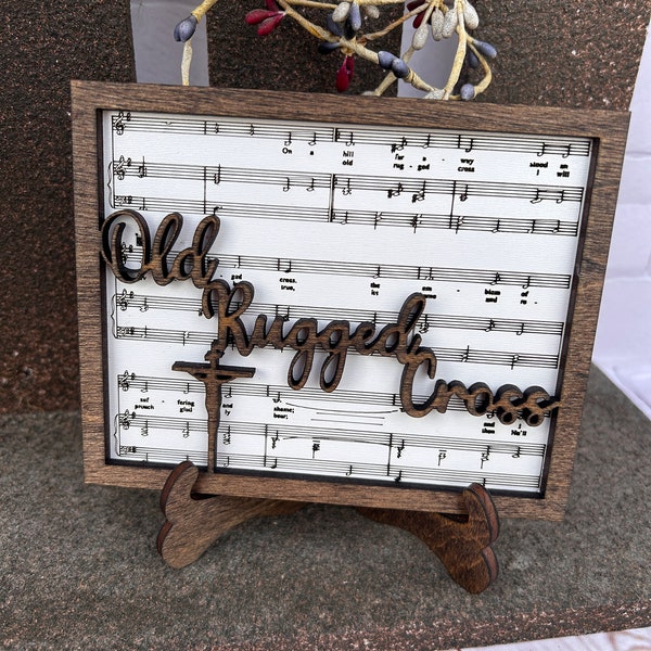 The Old Rugged Cross Wooden Hymn Sign Religious Laser Engraved & Cut Choice of Background