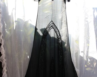 Risque Exotic Black Silk Chiffon and Lace late 1920s Maxi Dress