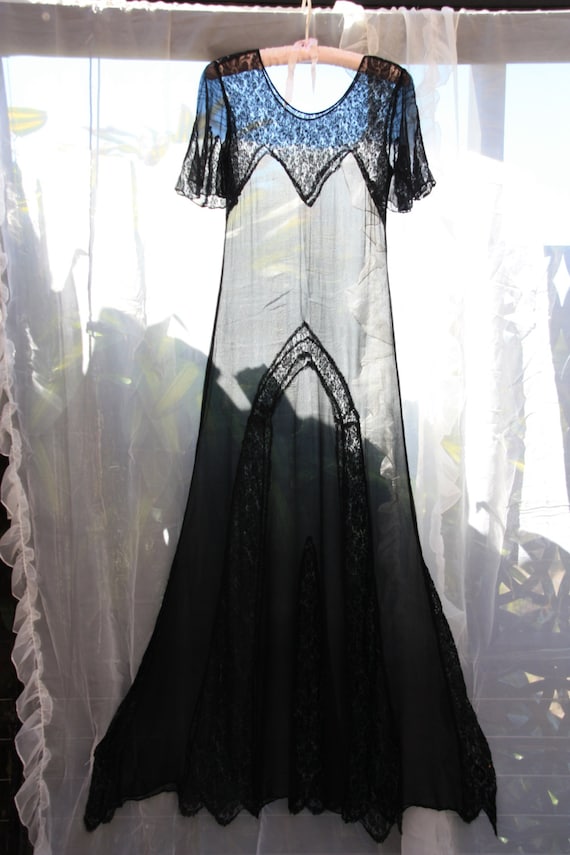 Risque Exotic Black Silk Chiffon and Lace late 192