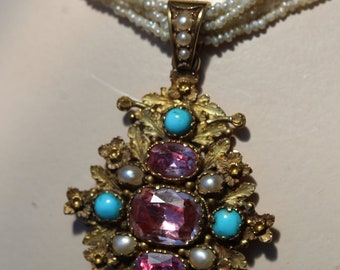 Renaissance Style Tiny Seed Pearl Necklace Tourmaline Turquoise Pearl Gold Pendant