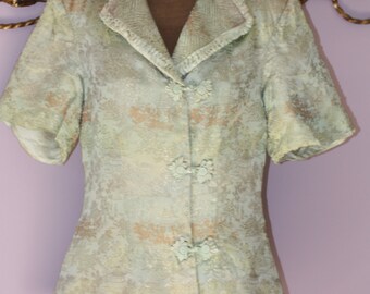 Seafoam 1940s Pretty Oriental Silk Brocade Chinoiserie Jacket