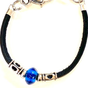Sapphire Blue Glass on Black Suede Bracelet with Heart Clasp