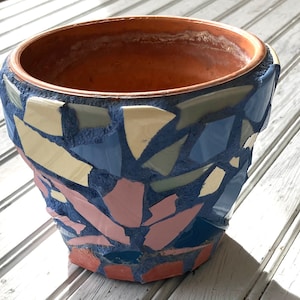 Upcycled Mosaic Terra Cotta Flower Pot: Blue Grout Decor