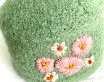 Pillbox Style Felted Hat with Embroidered Flowers