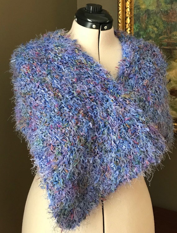 Hand Knit Shoulder Wrap - Blue and Purple Scarf - 