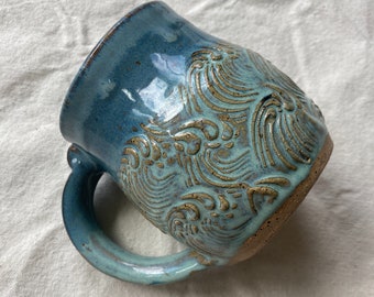 Waves Mug- Pottery Mug -Blue Pottery -Beach Coffee Mug - Ocean Mug - Handmade Pottery - Beach Mug- Blue Mug - Ocean Pottery- Beach Decor