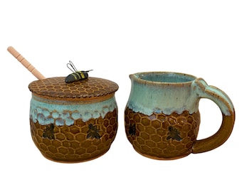 Bee Cream + Sugar Set- Honeycomb Pitcher + Jar-  Honey pot-  Bee pottery - Honeycomb creamer - Mustard- Sea Foam- Sugar pot- BEE to SEA