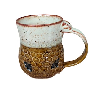 Handmade Honeycomb Bee Mug: Cream Pottery Coffee Cup