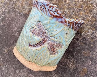Dragonfly Candle: Lavender Scented Candle - Reusable Pottery Vessel