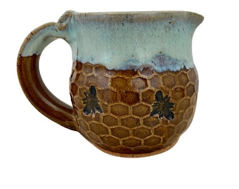 Handmade Bee Pottery Creamer: Honeycomb Design, Sea Foam Rim