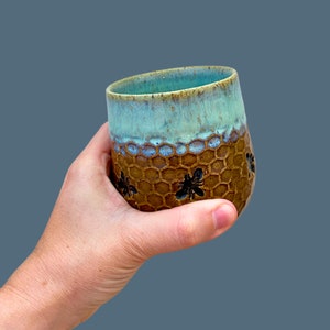 Handmade Bee Pottery Tumbler: Honeycomb Stemless Wine Glass