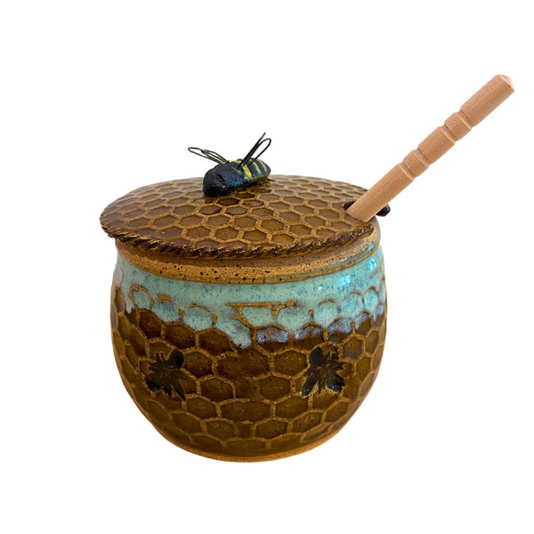 Honeycomb Honey pot- Bee Honey Pot- Honey Jar- Bee Sugar Jar- Honeycomb Honey- Sea Foam- Sugar Bowl- Bee Pottery